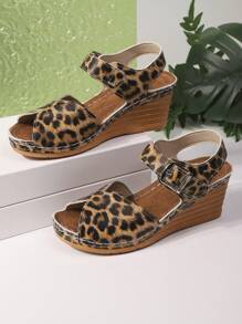 1 Par de Sandálias Plataforma Anabela Estampadas de Leopardo Impermeáveis, Estilo Verão Novo, Versátil para Adolescentes Meninas