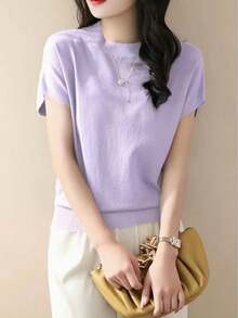 Luxury Loose Knit Sleeveless Top, Women Short Sleeve T-Shirt Casual Plain Camisole Summer - Mauve Purple - View 4