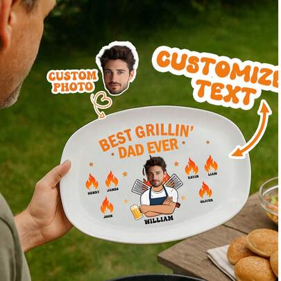 Custom Decorative Plate With Personalized Photo And Names Best Grilling Dad Ever Wall Display For Kitchen Or Living Room Fathers Day Gift For Dad Grandpa Husband From Kids Funny BBQ Themed Keepsake Plate Summer Holiday Gift For Him Birthday Present Home Decor Idea For Men Grill Master Dad Ornament,Christmas Gift Supplies,Home Decor Living Room