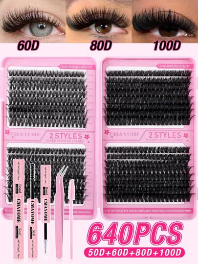 CMAYOME 640片D卷大容量睫毛册套装，10D+20D+30D+40D/30D+40D+50D+60D/50D+60D+80D+100D多种不同组合套装，10-16mm睫毛可簇绒，自然柔软。套装包含睫毛胶水、粘合和密封胶。镊子和睫毛膏刷，适用于稀疏睫毛