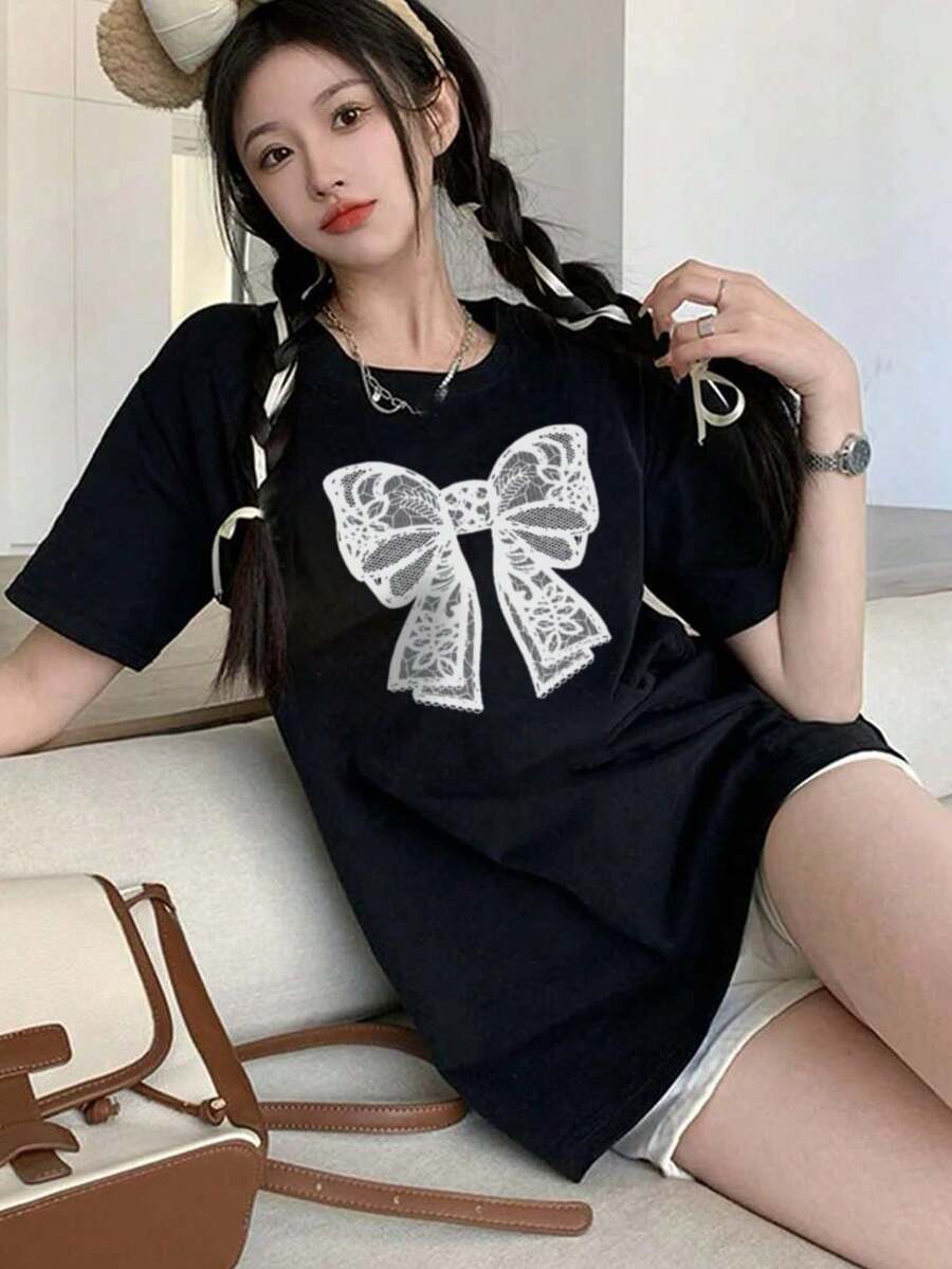 200g Pure Cotton T-Shirt 2025 Summer Ladies New Short Sleeve Pure Cotton Holiday Pattern Short Sleeve Round Neck Couple Wear Small Shirt Tops - 黑色 - 查看 1
