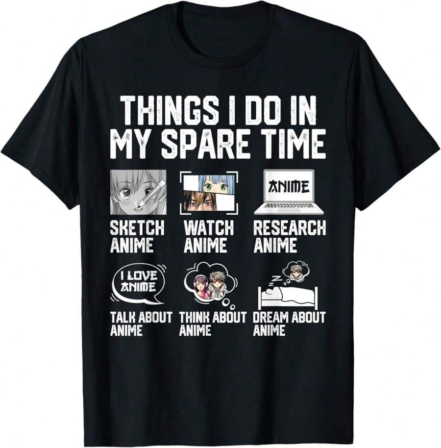 Things I Do In My Spare Time Funny Anime Manga Watch Anime Lightweight Cotton T-Shirt - Black - View 1