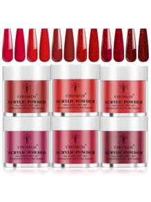 CHOSEOS 6-Piece Red Acrylic Crystal Powder Set, Salon-Quality DIY Nail Art Kit, Perfect For Beginners And Professionals
