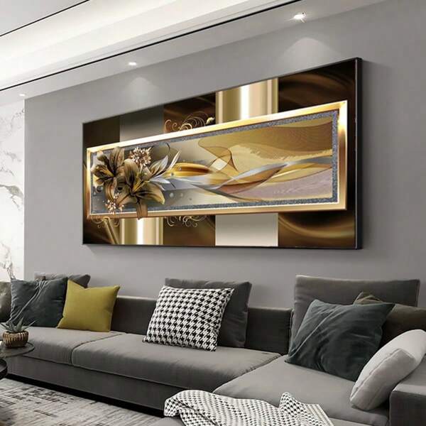 1pc Modern Abstract Geometric Lily Canvas Art Print, Frameless Large Wall Decor For Living Room, Bedroom, Kitchen - Elegant Golden And Black Design, Canvas Wall Art 50x100cm/19.68x39.37inch
