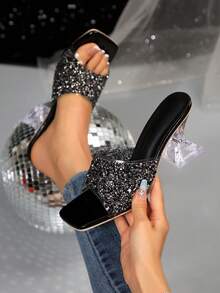 Damen neue Sommer High Heel Pantoletten, schwarze Kristall & Pailletten Dekor High Heels, modische asymmetrische Kristall Absatz Sandalen, geeignet für verschiedene Anlässe wie Valentinstag - Schwarz - Übersicht 3