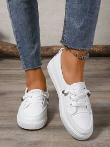 Fall/Winter Plus Size Women's School White Flat Fashion Sneakers, Lace-Up Casual Sport Shoes - White - View 3