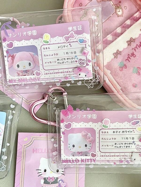 Sanrio 1 pieza Titular de tarjeta con decoración en forma de corazón con los personajes de Sanrio Kuromi, My Melody y un perro/gato de orejas grandes, funda transparente para tarjeta de estudiante, colgante para mochila escolar