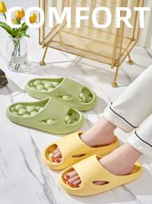 Cute Summer Couple Bathroom Slippers, Comfortable Textured EVA Sole Anti-Slip Shower Sandals, Women's Casual Hollow Massage Slippers, Breathable Daily Wear