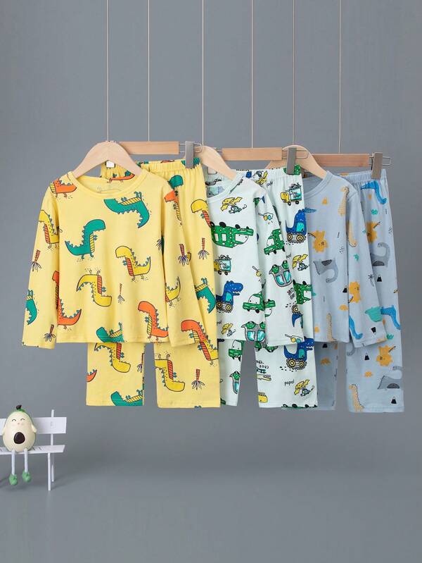 6PCS Young Boys Cartoon Dinosaur Print Long Sleeve Pajama Set, Spring & Autumn Thin Sleepwear