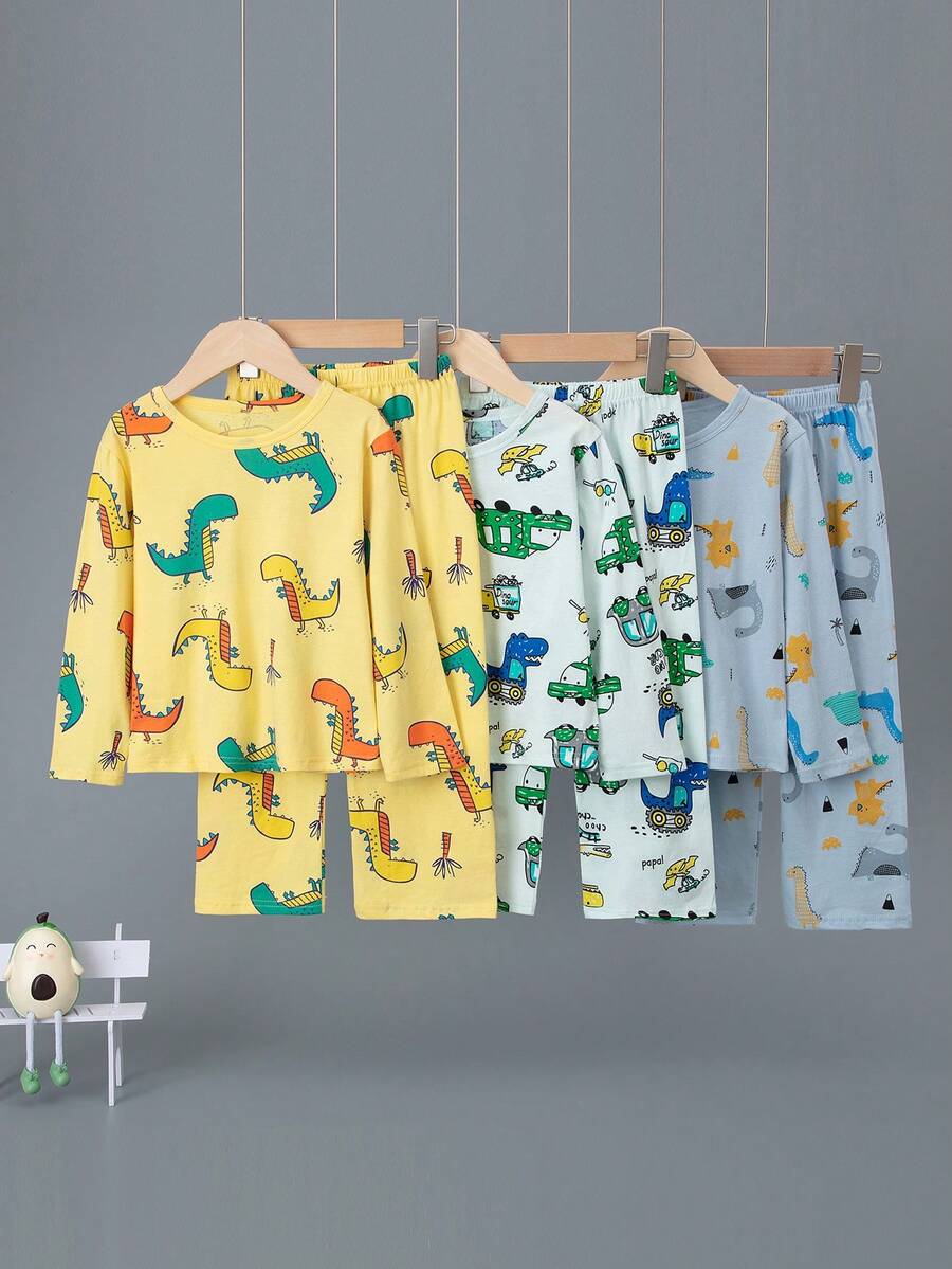 6PCS Young Boys Cartoon Dinosaur Print Long Sleeve Pajama Set, Spring & Autumn Thin Sleepwear - Multicolor - View 1