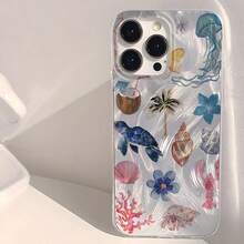 1pc Coconut, Ocean, Turtle, Seaweed, Beach Themed Creative, Minimalist, Fresh Coral Printed Gradient Feather, Laser Shiny Silver Phone Case Compatible With Samsung/Compatible With OPPO/Compatible With VIVO/Compatible With Honor//Compatible With Redmi/Transsion Phones - Multicolor - View 3