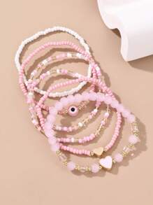 6pcs/Set Girls' Heart Shaped Bead Mixed Color Charm Bracelets