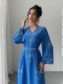 Saudi Arabia Dubai Fashionable Rhinestone Embellished Robe, Summer Chiffon Abaya For Women, Modest - Blue - View 6