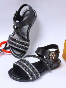 1 Pair Summer Girls Woven Sandals, Casual Fashion Versatile, Flat Beach Strap Princess Shoes, Extremely Soft Material, Suitable For Daily, Vacation And Travel
