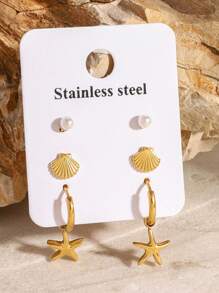Ensemble exquis de 3 paires de boucles d'oreilles à tige coquille et étoile de mer. Boucles d'oreilles empilables, accessoires de femme, cadeau de fête