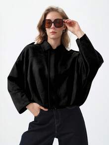 HH Women's Jackets Coats Fashion Turn-Down Collar Long Sleeve Loose Coats Vintage Female Outerwear Chic Tops - Black - View 10