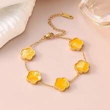 1 件时尚优雅复古百搭花卉钛钢幸运五瓣花手链，双面贝母三叶草五叶不锈钢手链 - 紅色 - 查看 8