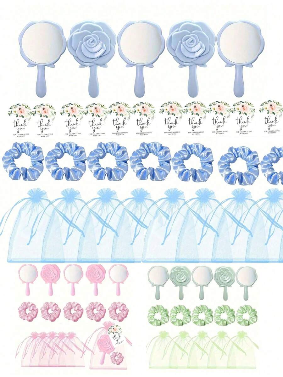 Conjunto de 10/5/1 Espelho de Mão em Formato de Rosa, Conjunto de Lembranças de Casamento para Convidados, Lembranças da Festa de Casamento, O Conjunto Inclui Espelho de Mão em Rosa, Verde e Azul, Cartão de Agradecimento com Flor, Bolsa de Organza Transparente com Cordão, Faixa de Cabelo de Cetim Retrátil, Presente para Noiva e Dama de Honra, Conjunto de Presentes para Chá de Panela, Decoração de Mesa para Convidados de Casamento, Adequado para Casamentos, Aniversários, Festas, Eventos Internos e Externos
