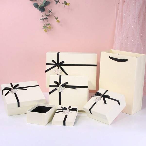1pc Minimalist Style Ivory White Box With Black Ribbon And White Metal Pentagram Decor, 4 Different Size Commemorative Box Or Gift Basket Box, Flat Packaging Gift Box, Suitable For Anniversary, Birthday, Or Wedding Gift (Come With A Gift Bag)
