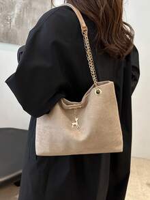 This Fashionable Color Block Geometric Pattern Chain Shoulder Bag Is Suitable For Shopping, Wallet Storage, Young Women, College Students, Career Starters, And White-Collar Professionals. It Is Also Very Suitable For Office, University, Work, Business, Commuting, Outdoor, Travel And Hiking Occasions. , Beach Bag , Office - Khaki - View 5