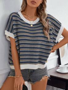 Women's Casual Commute Knit Striped Sleeveless Hollow Round Neck Regular Loose Tank Top, Butter Yellow Basic Summer Apparel (Pattern Randomized) - Blue - View 1