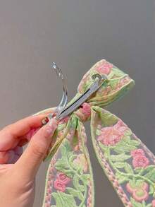 1pc Cute Sweet Floral Embroidery Bow Ribbon Hair Clip, Suitable For Daily Wear, A Gift For Girlfriends, Hair Accessory, Summer Accessories, Travel, Claw Clips, Clips For Hair, Hair Slide, Hair Claws