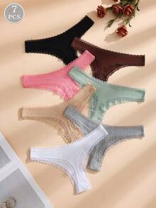 7pcs/Pack Women's Solid Color Thin Lace Patchwork Cotton Thong Panties With Cute Bow, Stretchy & Soft Comfortable Ladies Underwear - Multicolor - View 3