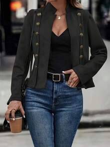 Plain    Casual  Elegant    Double Button  Button    Daily - màu đen - Xem 2