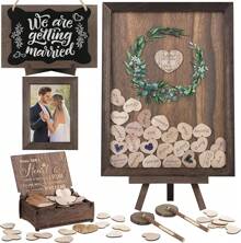 2025Hot SaleAodaer Wedding Guest Book Drop Top Frame Heart Drop Wood Guest Book With Stand 122 Wooden Hearts Pens Box Blackboard Rustic Wedding Decorations Reception Shower, Brown