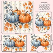 4 piezas Juego de cortina de ducha con tema de calabaza y hojas de otoño, cortina de baño impermeable y lavable de poliéster con ganchos, accesorios de baño, decoración de baño de vuelta al colegio - Multicolor - Ver 14