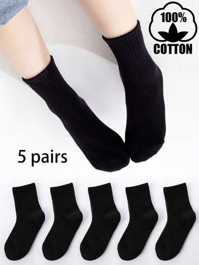 5 Pairs Kids' Black Mid-Calf Elastic Socks, Breathable Moisture-Wicking Sports Socks