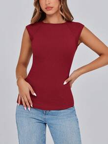PRETTYGARDEN Women's Summer Clothes Tanktop Casual Ribbed Cap Sleeve Slim Fitted Knit Basic Cute Tops Tee Shirts  Fashion Vacation Wine Red Clothes Tops For Women - 酒紅色 - 查看 2