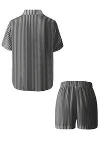 VIVINA 女士时尚休闲度假两件套，亚麻条纹翻领短袖开衫衬衫上衣和松紧腰口袋短裤，女士休闲度假装