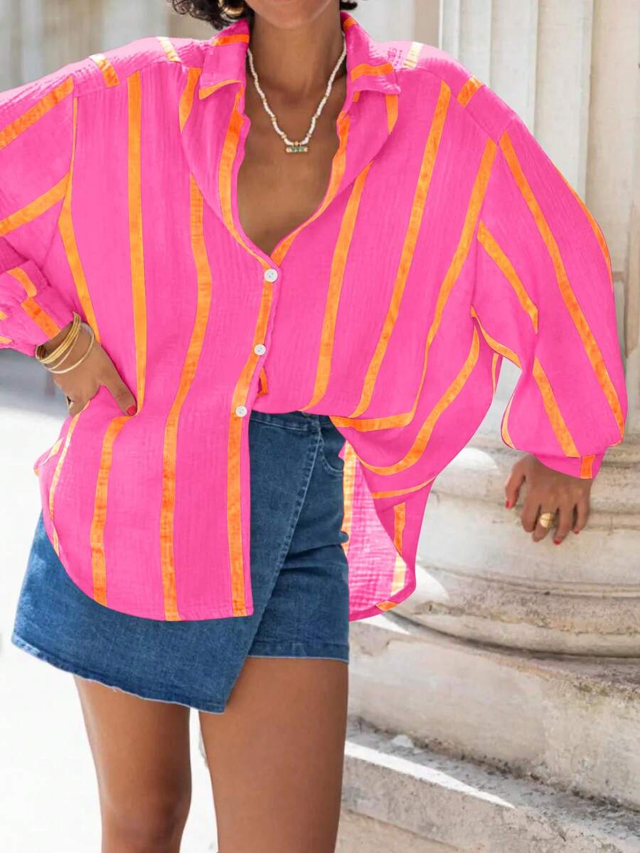 Women's Oversized Striped Boyfriend Shirt, Front Short Back Long Button Down Casual Blouse Top, Suitable For Spring, Summer, Autumn