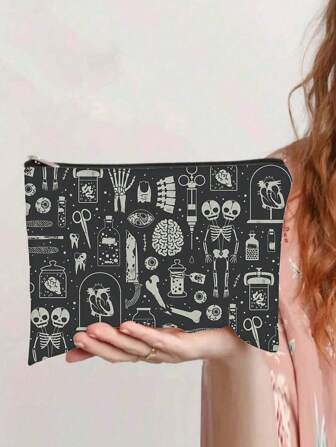 1pc Skull Print Toiletry Bag, Double-Sided Graphic Makeup Bag, Durable Polyester Fabric Zipper Pouch, Essential For Travel, Great For Storing Small Accessories, Ideal Gift Pouch For Friends Travel Essentials Vacation Summer Holiday Back To School School Stuff Bag For School Wash Bag Travel