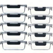 10 Gray Glass Food Storage Containers With Lids, Suitable For Meal Prep, Kitchen Storage, And Lunch Use, Leak-Proof, Sealed Glass Lunch Boxes, Suitable For Microwave, Oven, Refrigerator, And Dishwasher - 灰色 - 查看 1