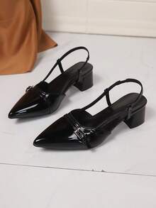 女士黑色尖头露跟粗跟高跟凉鞋，时尚优雅 - 黑色 - 查看 3