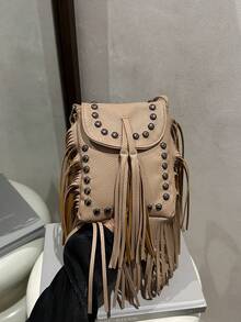 Retro Faux Suede Fringe Small Square Shoulder Bag, High-Quality Crossbody Bag - Khaki - View 1