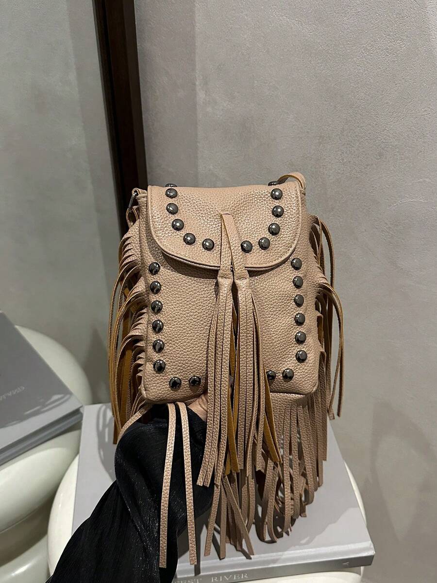 Retro Faux Suede Fringe Small Square Shoulder Bag, High-Quality Crossbody Bag - Khaki - View 1