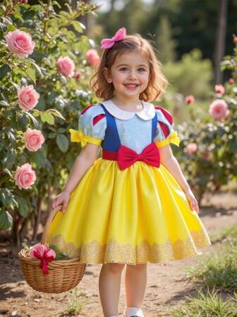 女婴黄色泡泡袖公主蓬蓬裙，适合派对穿着