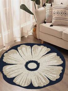 1pc Premium Round Cream Floral Rug, Asymmetrical Shape Carpet For Living Room, Bedroom, Sofa, Coffee Table, Vanity, Soft & Comfortable, Lightweight & Easy To Clean, Home Decor