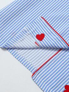Conjunto de pijama de top de manga corta con estampado de rayas y corazones y shorts para mujer, color azul claro fresco - Azul - Ver 8