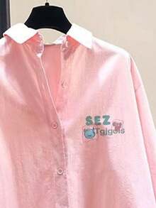 Áo sơ mi polyester in chữ hình động vật, cúc bất đối xứng, kiểu dáng dễ thương, thích hợp mặc hàng ngày và các dịp lễ hội, màu hồng cho mùa xuân/hè/thu/đông. - Hồng - Xem 5