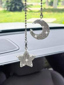 Clay Diamond Moon Star Pendant Car Interior Pendant Ladies Rhinestone Car Rearview Mirror Pendant - Diamond Star and Moon Pendant - View 3