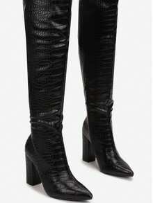 Moda feminina textura de jacaré bico fino moda botas de salto alto - Preto - Ver 4