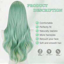 Long Mint Green Wavy Wig Middle Part Curly Wavy Wig Natural Look Synthetic Heat Resistant Fiber Wig, Suitable For Daily Party Use