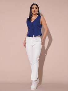 WUUW Women's Solid Tank Top Vest, V Neck Jacket, Spring/Autumn, Fashionable Style For Daily Wear, Ladies Clothing, Sleeveless, Buttons Front, Solid Color For Women, Simple, Casual, Elegant