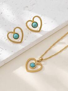 3 Stücke Set Braut Türkis-Herz Öltropfen Anhänger Halskette und Ohrringe Luxus Schmuckset