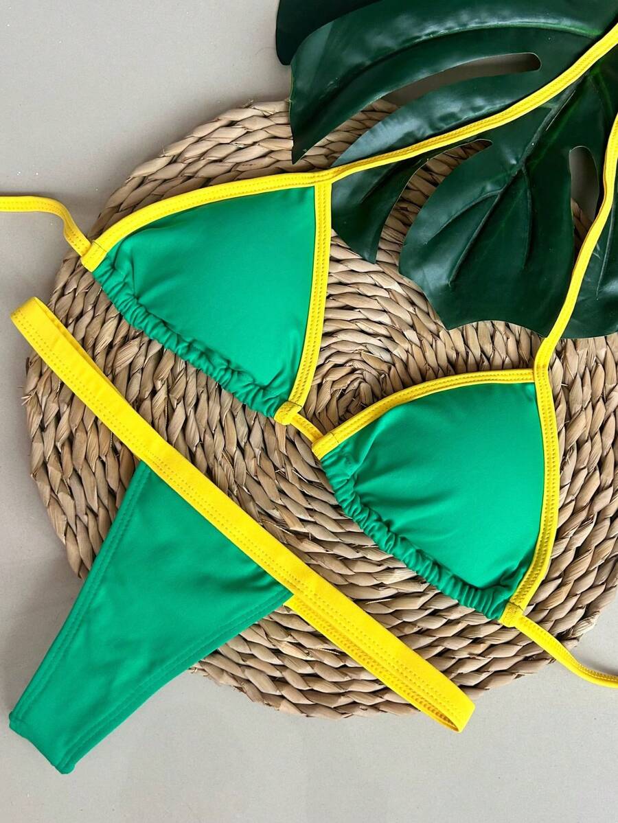 String Bikini With Ribbon/Thong - Vert/jaune - Voir 1