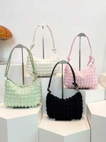 1 pieza Bolso de hombro con plisado tipo burbuja de estilo dulce para mujer, versátil bolso de unicolor para uso diario, pequeña cartera para monedas y bolso de mano para la noche, bolsas de viaje y compras para exterior, morral casual para estudiantes y trabajadores de oficina.